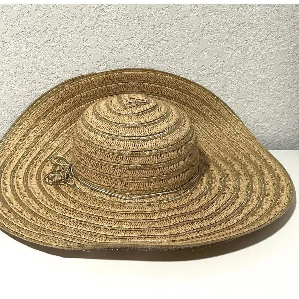 Unbranded Womens Wide Brim Straw Sun Hat Beach Floppy Gold Sparkly Fiber